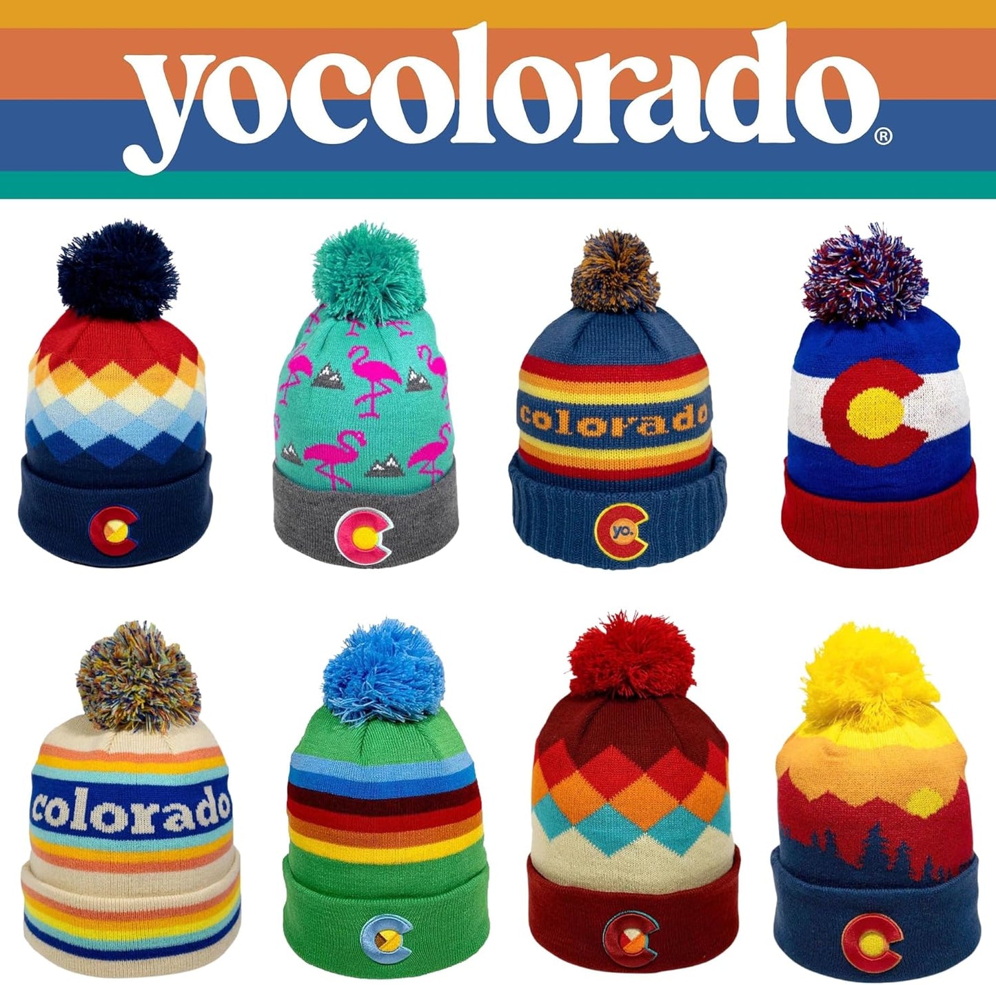 Argyle Colorado Pom Pom Beanie - Mountain Winter Hats for Men or Women, Rainbow Warm Stocking Stuffers Ski Caps