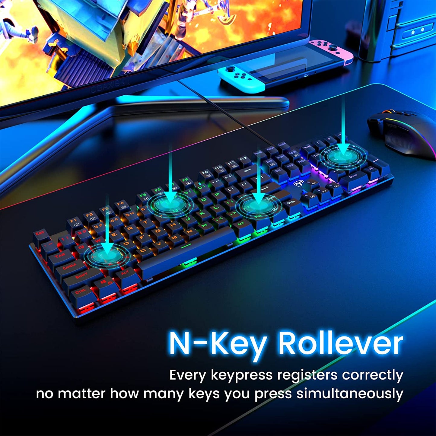Mechanical Gaming Keyboard, RGB 104 Keys Ultra-Slim LED Backlit USB Wired Keyboard with Blue Switch, Durable Abs Keycaps/Anti-Ghosting/Spill-Resistant Computer Keyboard for PC Mac Xbox Gamer