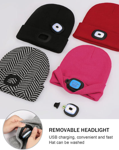 LED Beanie with the Light, Unisex USB Rechargeable Headlamp Winter Knitted Cap Gifts for Men Dad Husband Him