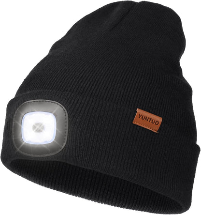 LED Beanie with the Light, Unisex USB Rechargeable Headlamp Winter Knitted Cap Gifts for Men Dad Husband Him