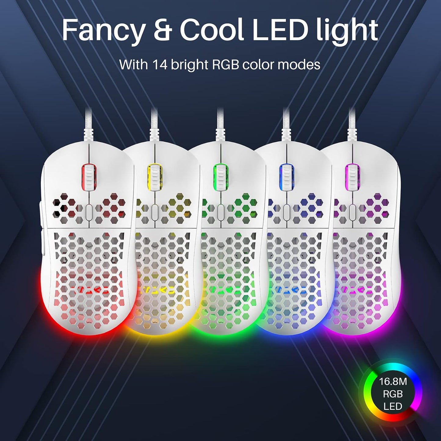 M1SE Wired Gaming Mouse with Honeycomb Shell, 12800DPI Optical Sensor, 6 Programmable Macros, Software Support for Custom Key Config, and RGB Settings for Windows 7/8/10/XP, Vista, Linux-White