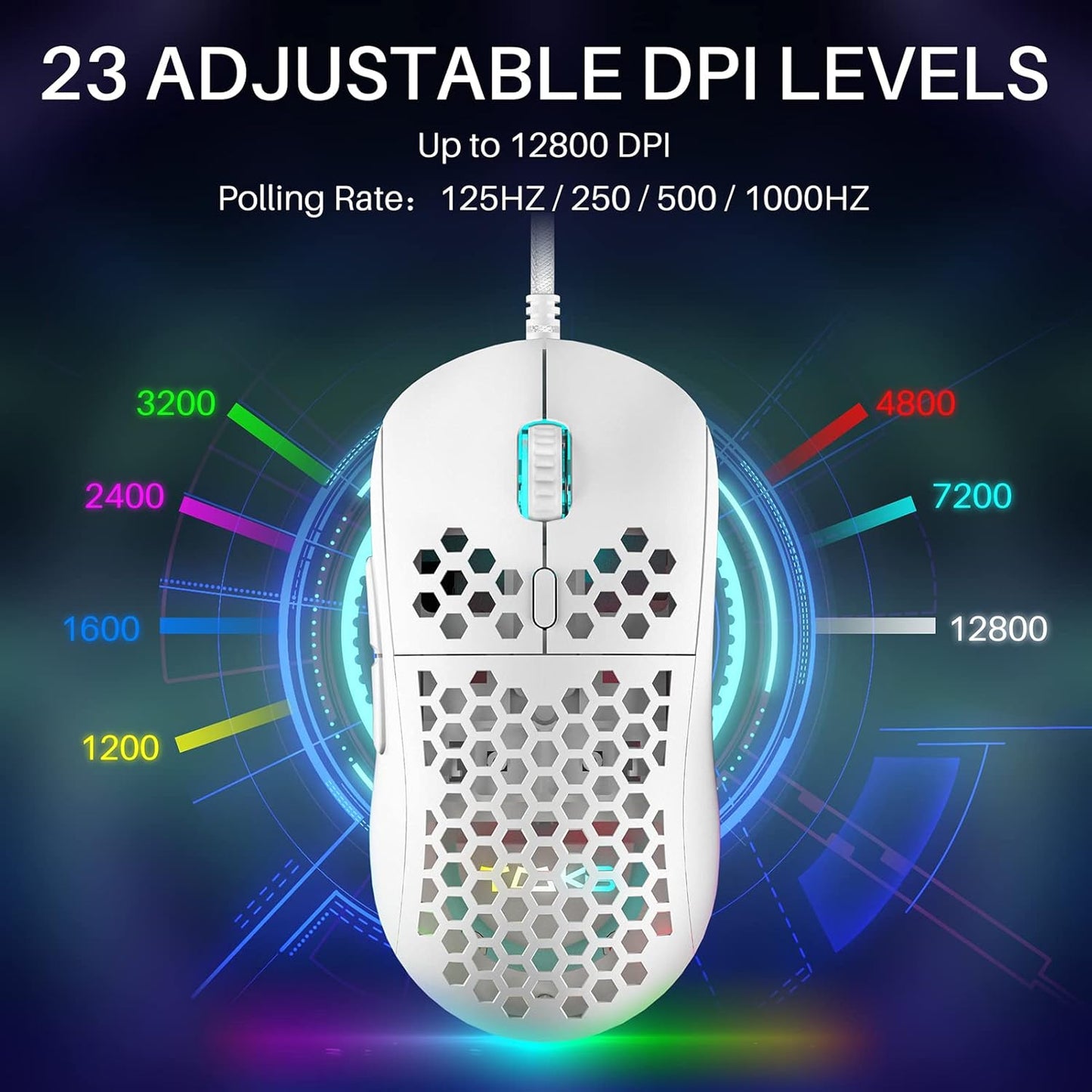 M1SE Wired Gaming Mouse with Honeycomb Shell, 12800DPI Optical Sensor, 6 Programmable Macros, Software Support for Custom Key Config, and RGB Settings for Windows 7/8/10/XP, Vista, Linux-White