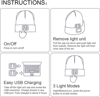 LED Beanie for Kids, Unisex Rechargeable Headlamp Hat Winter Night Lighted Cap, Gifts for Kids Boys Girls