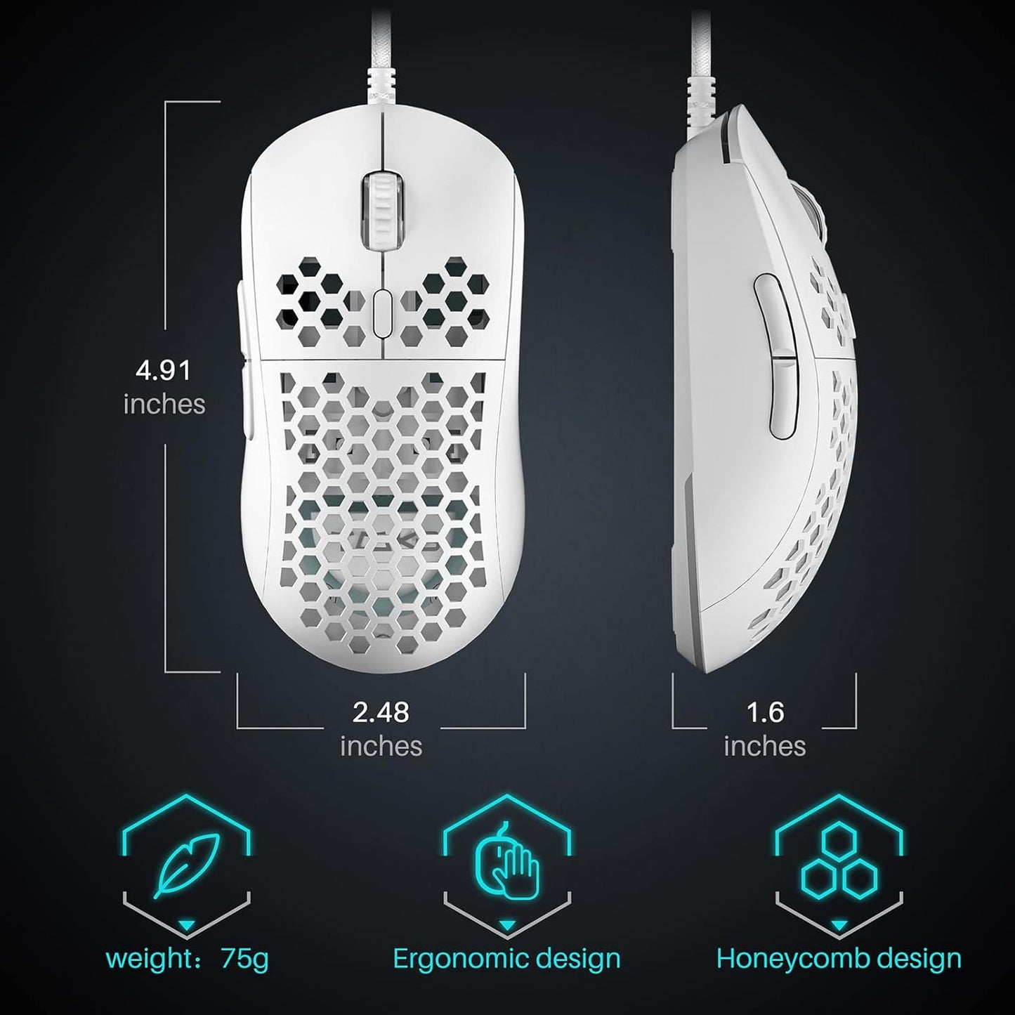 M1SE Wired Gaming Mouse with Honeycomb Shell, 12800DPI Optical Sensor, 6 Programmable Macros, Software Support for Custom Key Config, and RGB Settings for Windows 7/8/10/XP, Vista, Linux-White