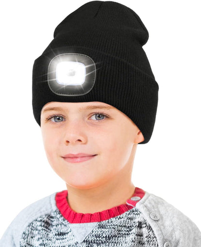 LED Beanie for Kids, Unisex Rechargeable Headlamp Hat Winter Night Lighted Cap, Gifts for Kids Boys Girls