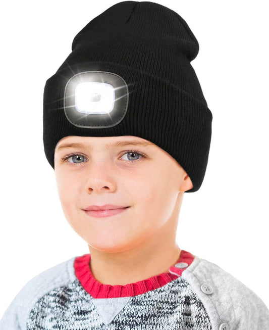 LED Beanie for Kids, Unisex Rechargeable Headlamp Hat Winter Night Lighted Cap, Gifts for Kids Boys Girls