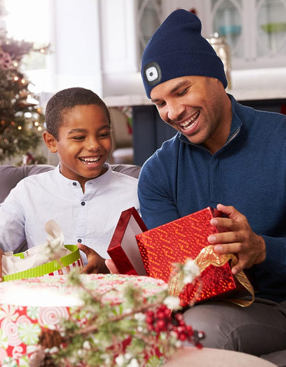 LED Beanie with the Light, Unisex USB Rechargeable Headlamp Winter Knitted Cap Gifts for Men Dad Husband Him