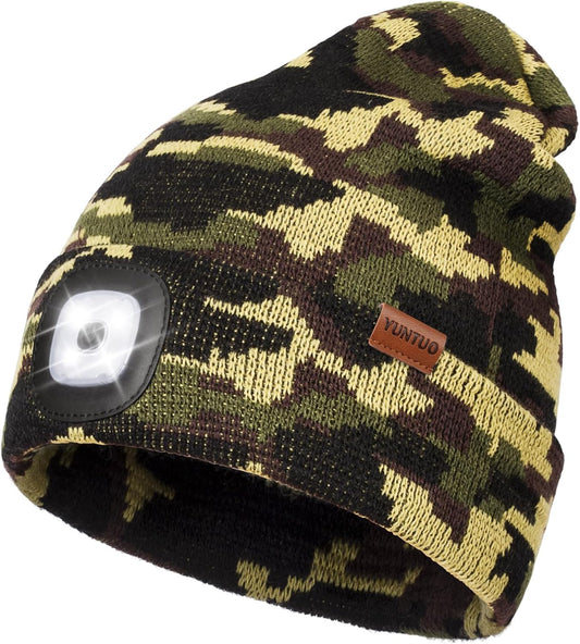 LED Beanie with the Light, Unisex USB Rechargeable Headlamp Winter Knitted Cap Gifts for Men Dad Husband Him