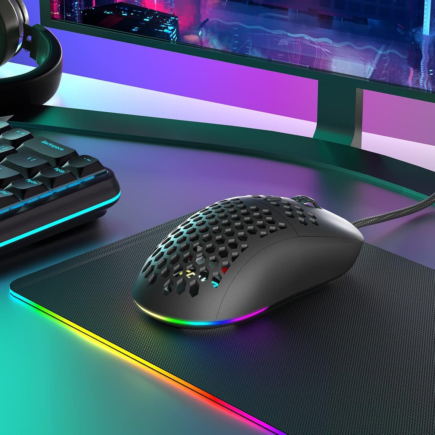 M1SE Wired Gaming Mouse with Honeycomb Shell, 12800DPI Optical Sensor, 6 Programmable Macros, Software Support for Custom Key Config, and RGB Settings for Windows 7/8/10/XP, Vista, Linux-Black