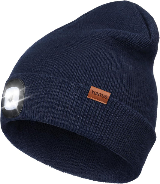 LED Beanie with the Light, Unisex USB Rechargeable Headlamp Winter Knitted Cap Gifts for Men Dad Husband Him