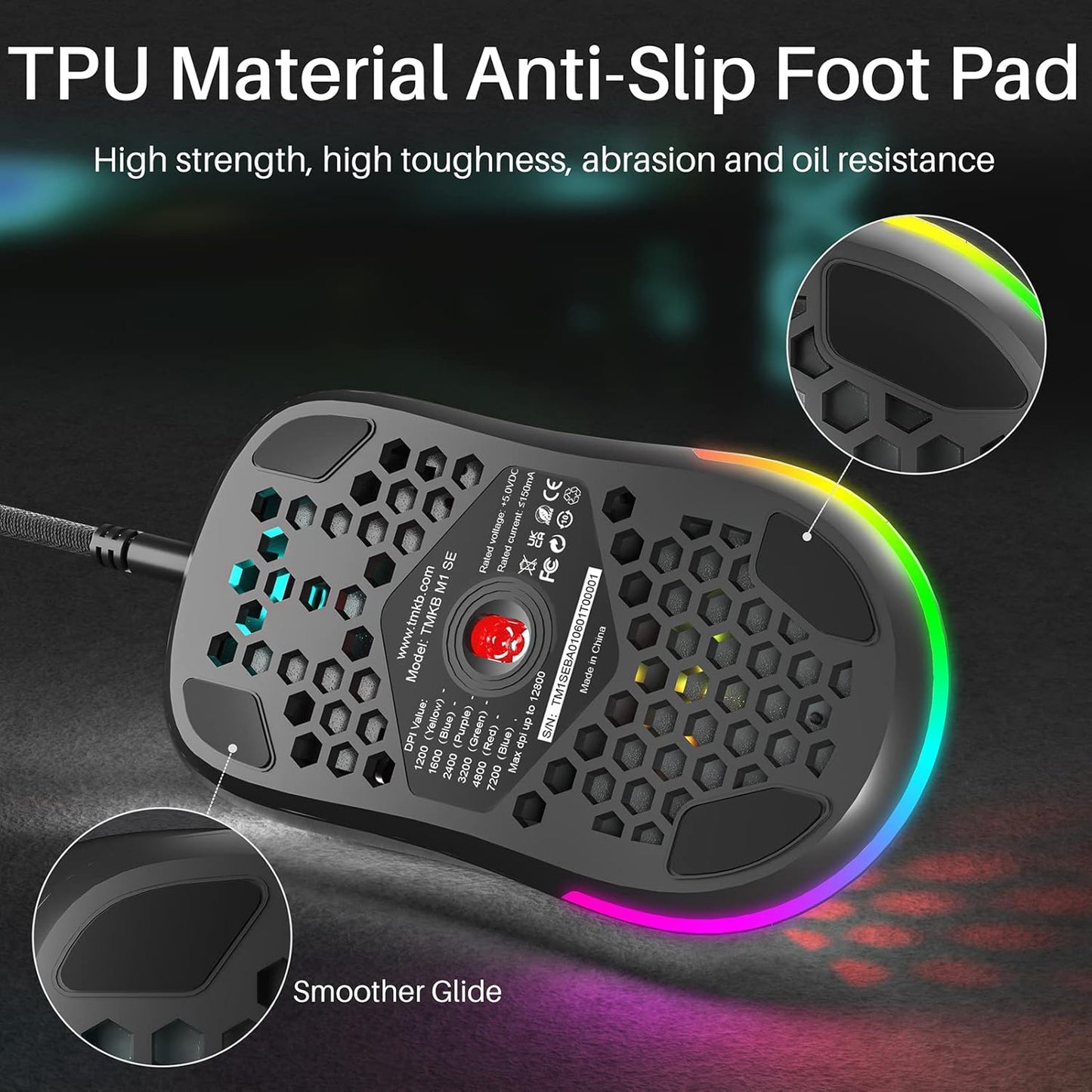 M1SE Wired Gaming Mouse with Honeycomb Shell, 12800DPI Optical Sensor, 6 Programmable Macros, Software Support for Custom Key Config, and RGB Settings for Windows 7/8/10/XP, Vista, Linux-Black