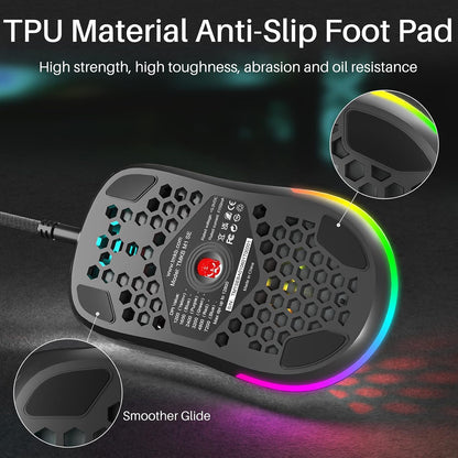 M1SE Wired Gaming Mouse with Honeycomb Shell, 12800DPI Optical Sensor, 6 Programmable Macros, Software Support for Custom Key Config, and RGB Settings for Windows 7/8/10/XP, Vista, Linux-Black