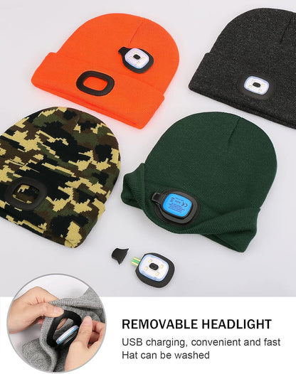 LED Beanie with the Light, Unisex USB Rechargeable Headlamp Winter Knitted Cap Gifts for Men Dad Husband Him