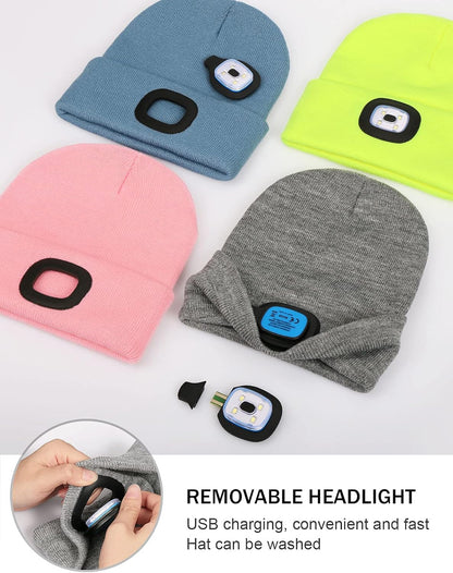 LED Beanie with the Light, Unisex USB Rechargeable Headlamp Winter Knitted Cap Gifts for Men Dad Husband Him