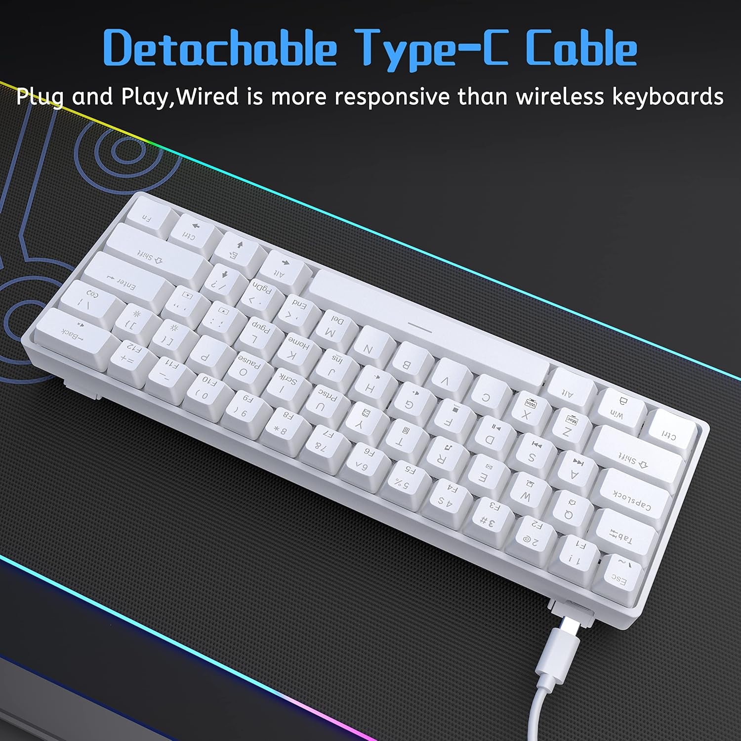 60% Mechanical Keyboard, Dk61Se Wired Gaming Keyboard with Red Switches, LED Backlit Ultra-Compact 61 Keys Mini Office Keyboard for Windows Laptop PC Gamer Typist（White）