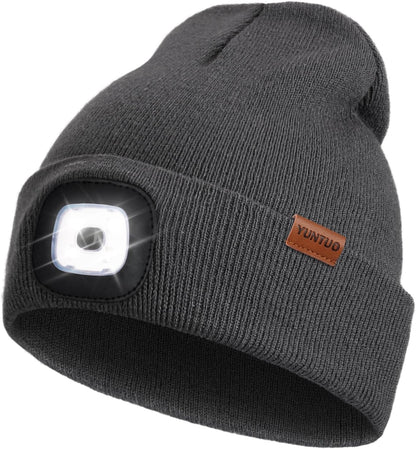 LED Beanie with the Light, Unisex USB Rechargeable Headlamp Winter Knitted Cap Gifts for Men Dad Husband Him