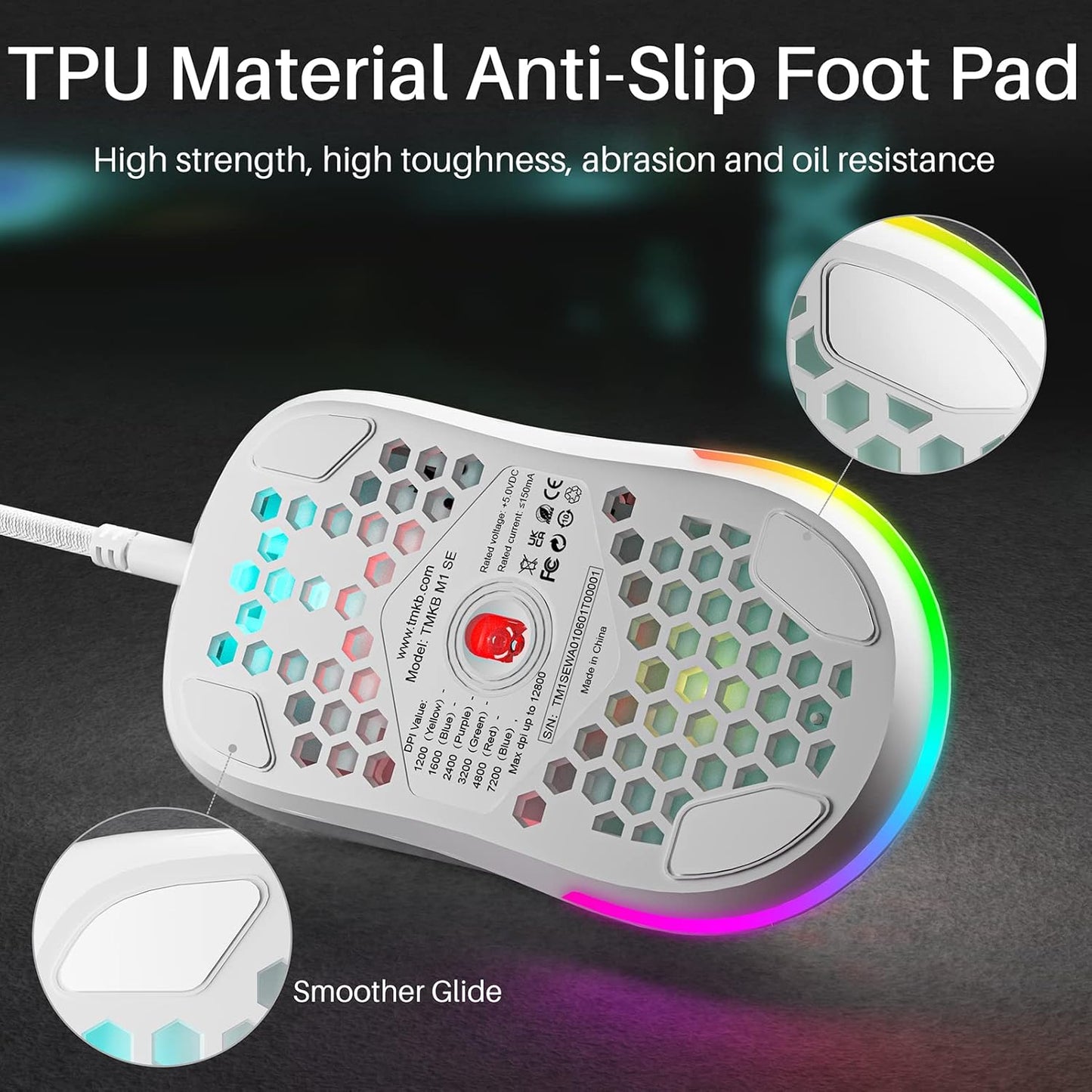 M1SE Wired Gaming Mouse with Honeycomb Shell, 12800DPI Optical Sensor, 6 Programmable Macros, Software Support for Custom Key Config, and RGB Settings for Windows 7/8/10/XP, Vista, Linux-White