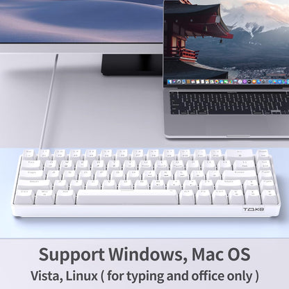 TMKB T68SE 60% Mechanical Gaming Keyboard – Ultra-Compact 68 Keys Wired Keyboard with Blue Switches, LED Backlit, Dedicated Arrow & Control Keys – White – for Windows Pc/Laptop/Gamers/Typists