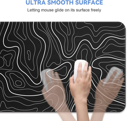 Mouse Pad Gaming Mousepad 31.5 X 11.8In Large Mouse Pad for Keyboard and Mouse with Anti-Slip Rubber Base, Keyboard Pad XL Mouse Mat for Home and Office（Black with White Topographic Line）