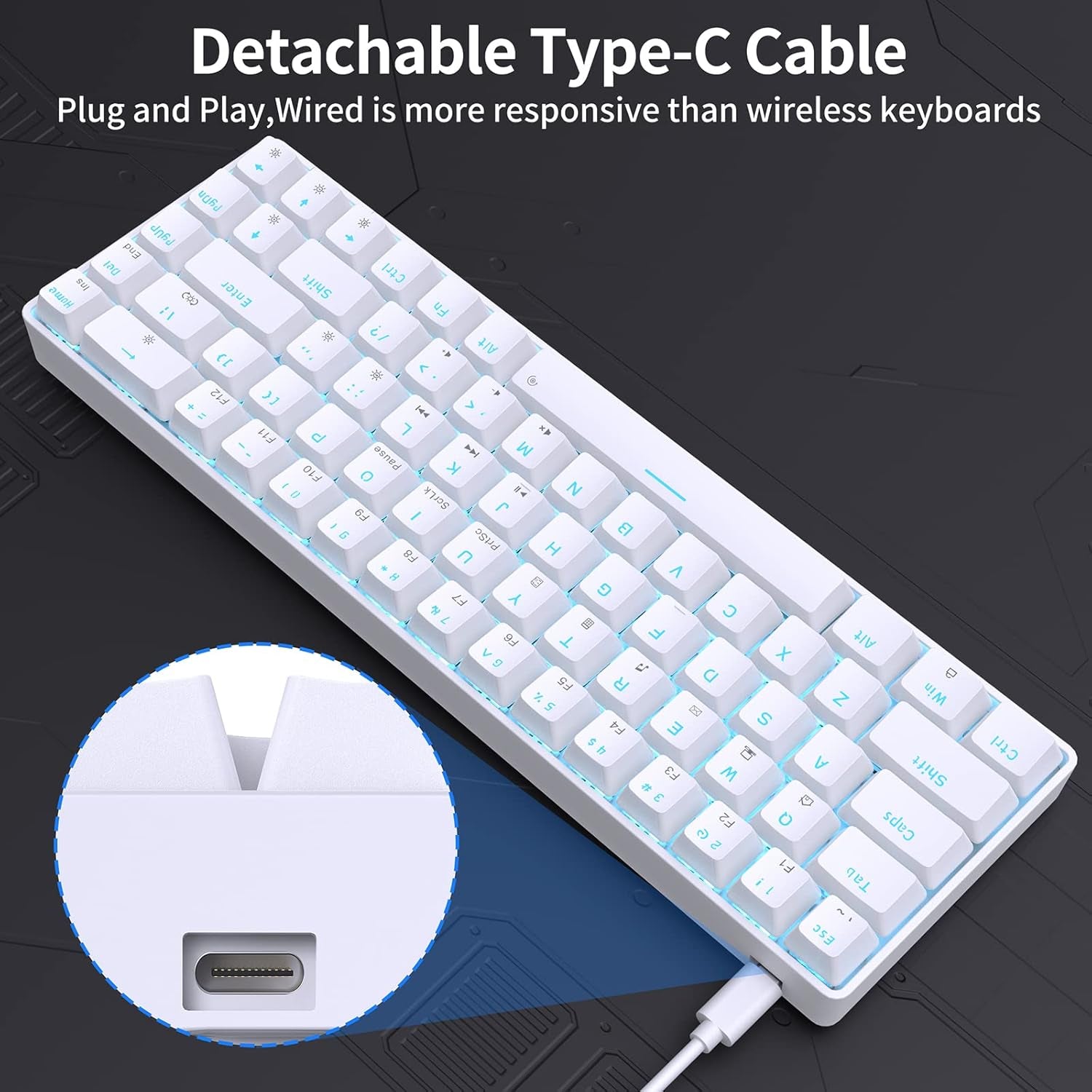 T68SE 60% Gaming Mechanical Keyboard,Ultra Compact Mini 68 Key with Blue Switches Wired Keyboard,Anti-Ghosting Keys, for Windows Laptops and PC Gamers,White