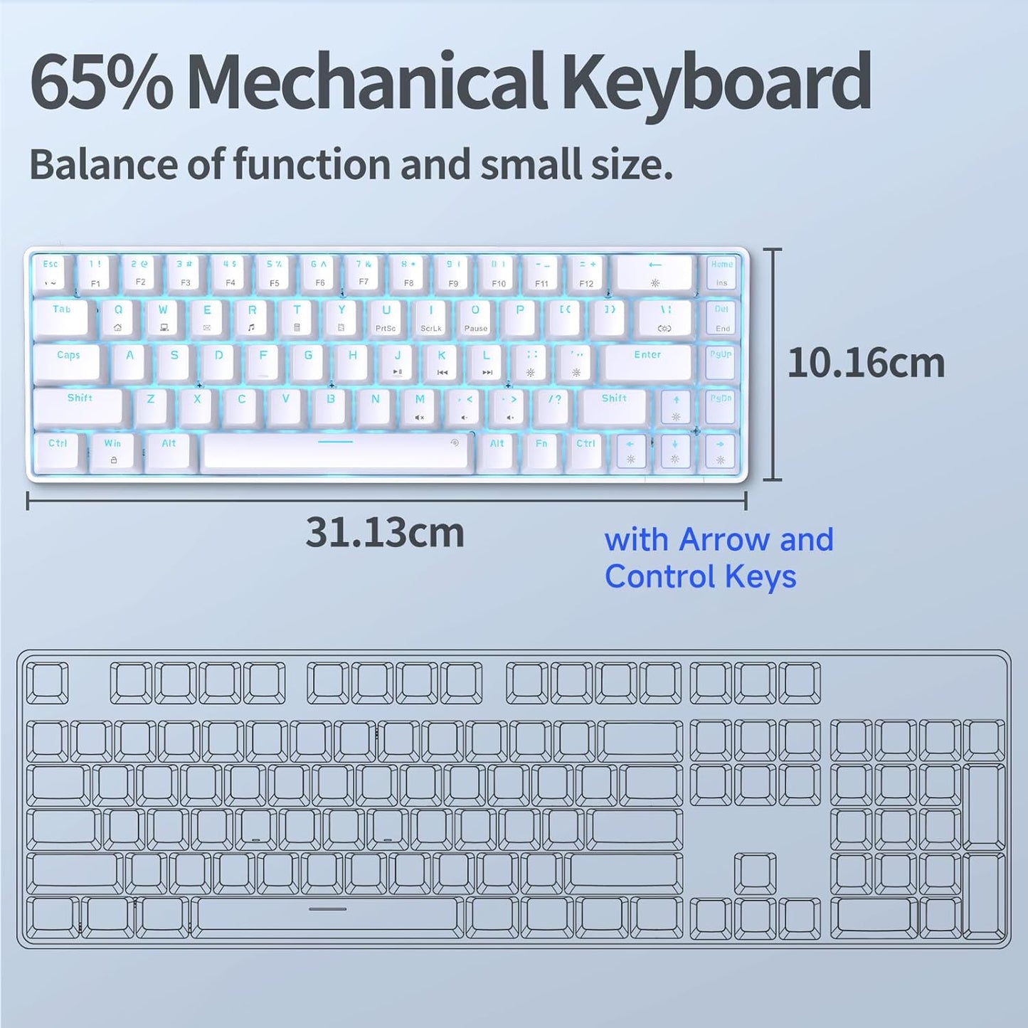 TMKB T68SE 60% Mechanical Gaming Keyboard – Ultra-Compact 68 Keys Wired Keyboard with Blue Switches, LED Backlit, Dedicated Arrow & Control Keys – White – for Windows Pc/Laptop/Gamers/Typists
