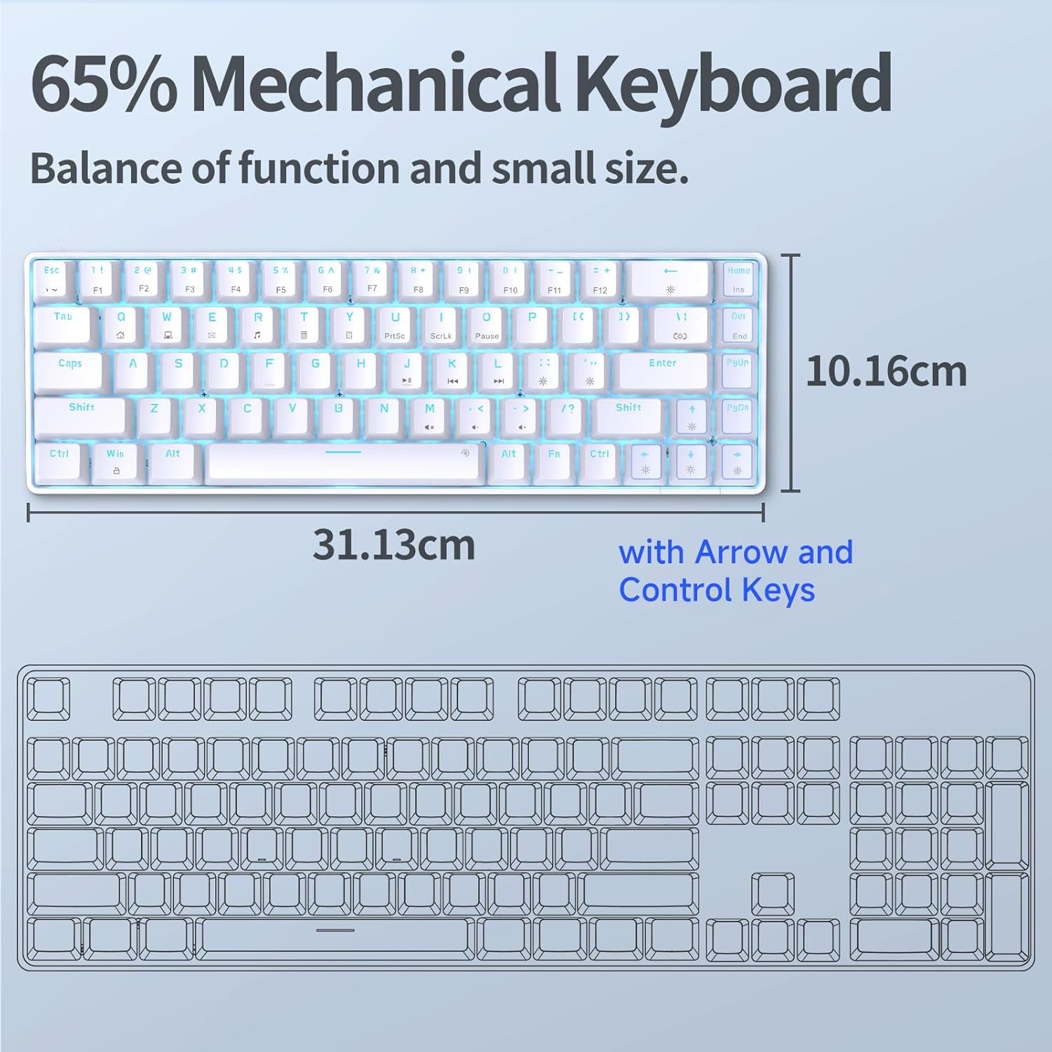 TMKB T68SE 60% Mechanical Gaming Keyboard – Ultra-Compact 68 Keys Wired Keyboard with Blue Switches, LED Backlit, Dedicated Arrow & Control Keys – White – for Windows Pc/Laptop/Gamers/Typists