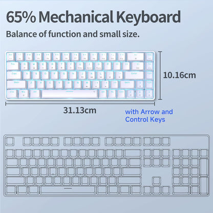 TMKB T68SE 60% Mechanical Gaming Keyboard – Ultra-Compact 68 Keys Wired Keyboard with Blue Switches, LED Backlit, Dedicated Arrow & Control Keys – White – for Windows Pc/Laptop/Gamers/Typists