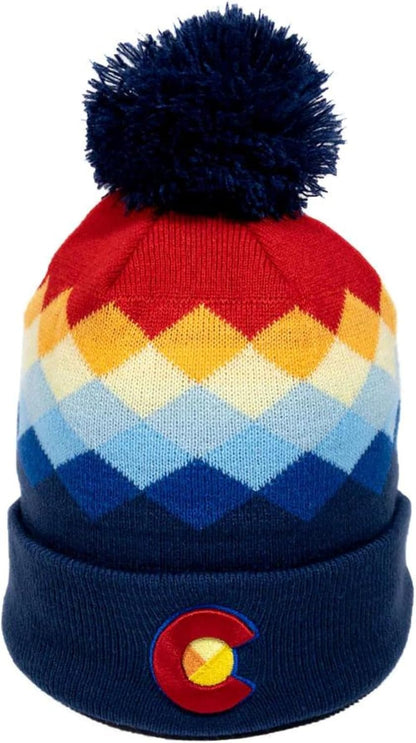 Argyle Colorado Pom Pom Beanie - Mountain Winter Hats for Men or Women, Rainbow Warm Stocking Stuffers Ski Caps
