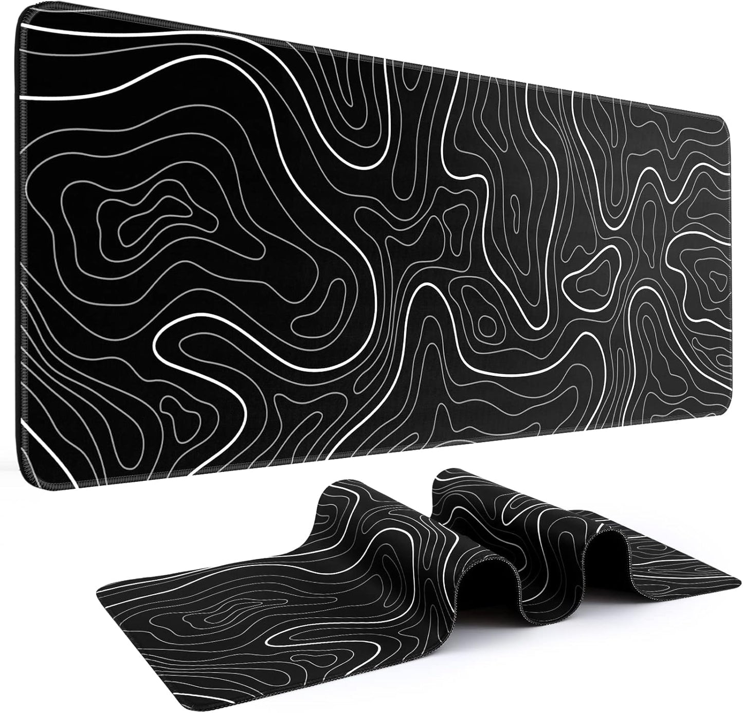 Mouse Pad Gaming Mousepad 31.5 X 11.8In Large Mouse Pad for Keyboard and Mouse with Anti-Slip Rubber Base, Keyboard Pad XL Mouse Mat for Home and Office（Black with White Topographic Line）
