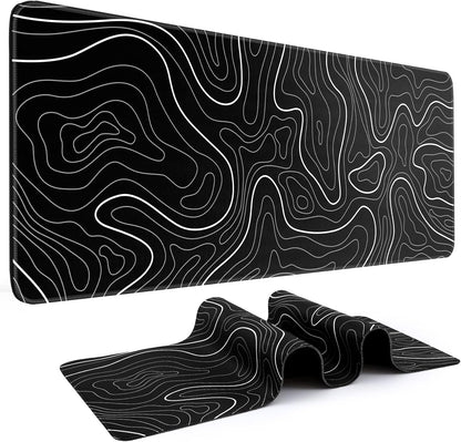 Mouse Pad Gaming Mousepad 31.5 X 11.8In Large Mouse Pad for Keyboard and Mouse with Anti-Slip Rubber Base, Keyboard Pad XL Mouse Mat for Home and Office（Black with White Topographic Line）