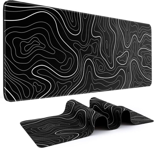 Mouse Pad Gaming Mousepad 31.5 X 11.8In Large Mouse Pad for Keyboard and Mouse with Anti-Slip Rubber Base, Keyboard Pad XL Mouse Mat for Home and Office（Black with White Topographic Line）