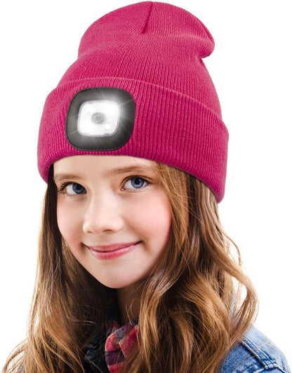 LED Beanie for Kids, Unisex Rechargeable Headlamp Hat Winter Night Lighted Cap, Gifts for Kids Boys Girls