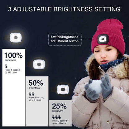 LED Beanie for Kids, Unisex Rechargeable Headlamp Hat Winter Night Lighted Cap, Gifts for Kids Boys Girls