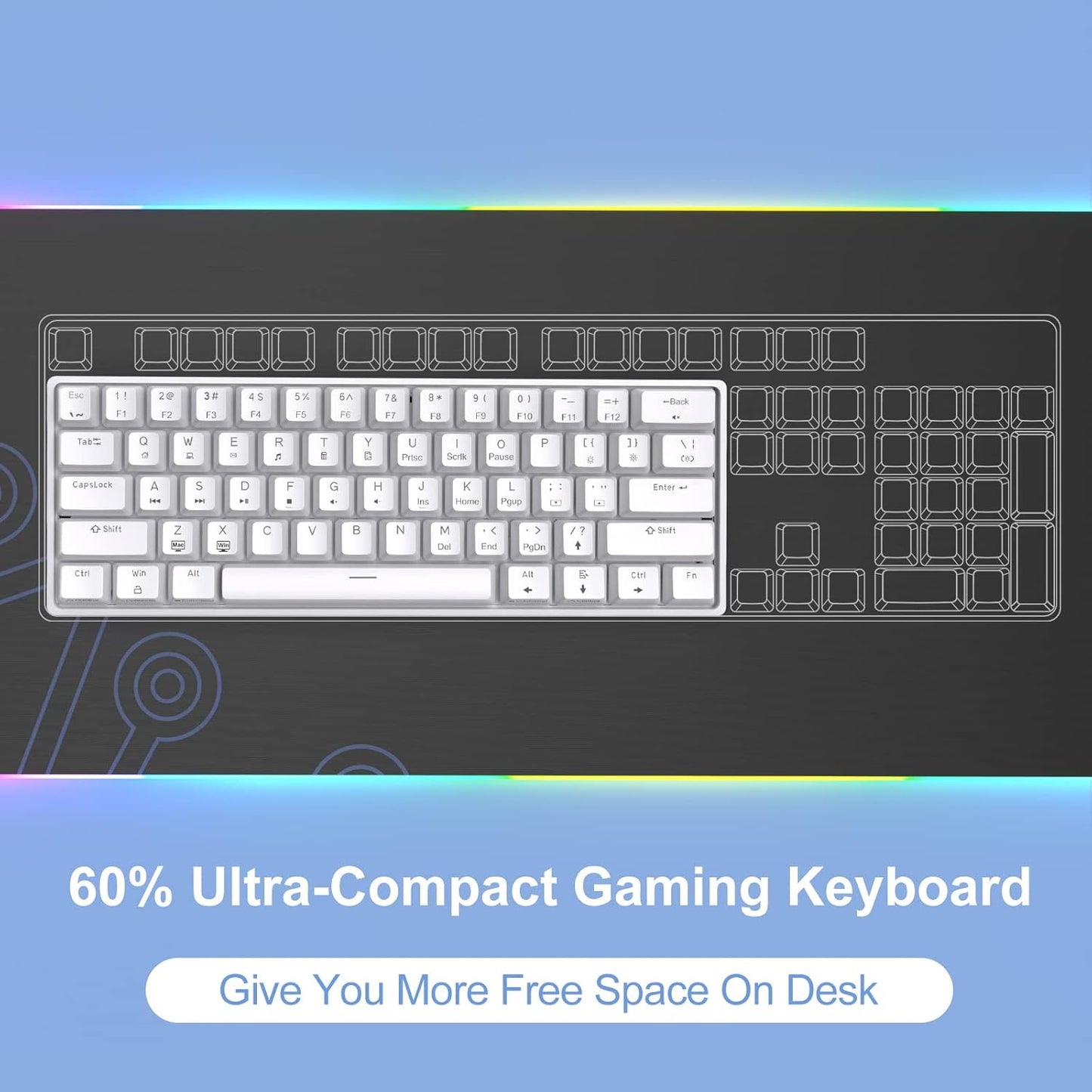 60% Mechanical Keyboard, Dk61Se Wired Gaming Keyboard with Red Switches, LED Backlit Ultra-Compact 61 Keys Mini Office Keyboard for Windows Laptop PC Gamer Typist（White）