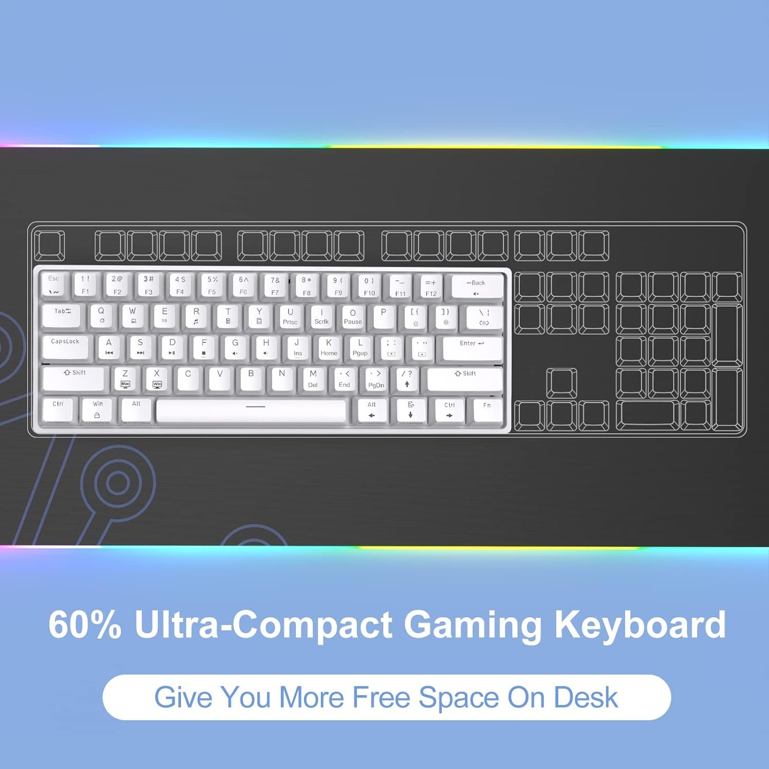 60% Mechanical Keyboard, Dk61Se Wired Gaming Keyboard with Red Switches, LED Backlit Ultra-Compact 61 Keys Mini Office Keyboard for Windows Laptop PC Gamer Typist（White）