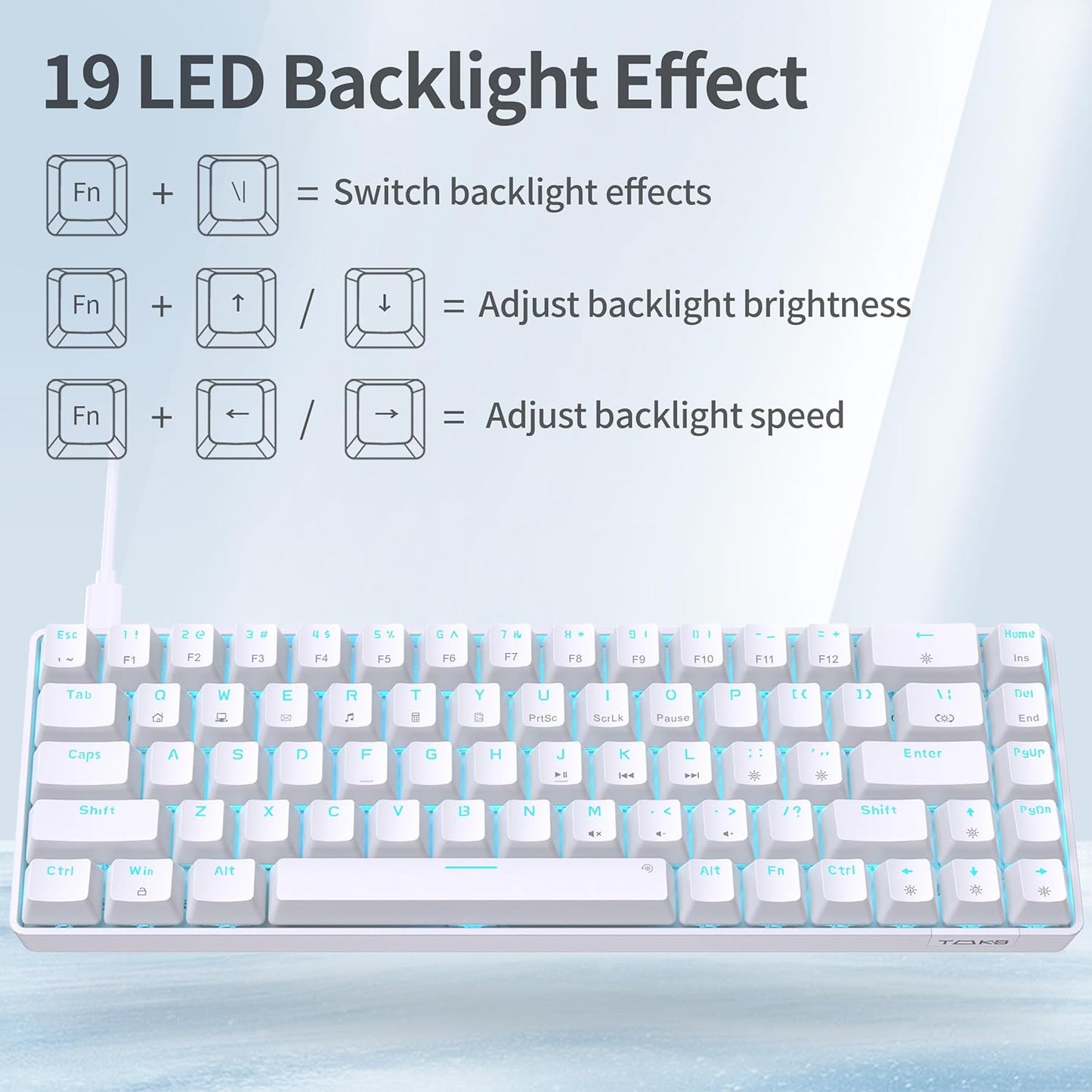 TMKB T68SE 60% Mechanical Gaming Keyboard – Ultra-Compact 68 Keys Wired Keyboard with Blue Switches, LED Backlit, Dedicated Arrow & Control Keys – White – for Windows Pc/Laptop/Gamers/Typists