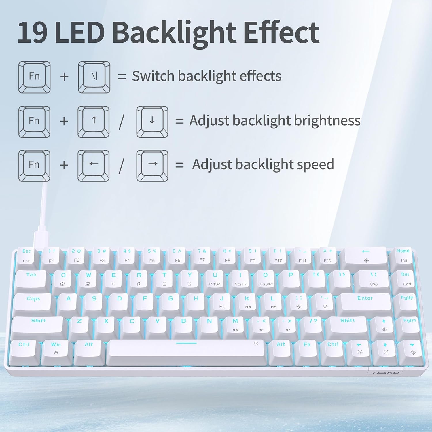 TMKB T68SE 60% Mechanical Gaming Keyboard – Ultra-Compact 68 Keys Wired Keyboard with Blue Switches, LED Backlit, Dedicated Arrow & Control Keys – White – for Windows Pc/Laptop/Gamers/Typists