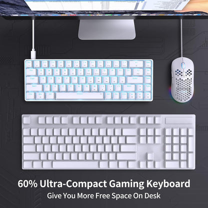 T68SE 60% Gaming Mechanical Keyboard,Ultra Compact Mini 68 Key with Blue Switches Wired Keyboard,Anti-Ghosting Keys, for Windows Laptops and PC Gamers,White