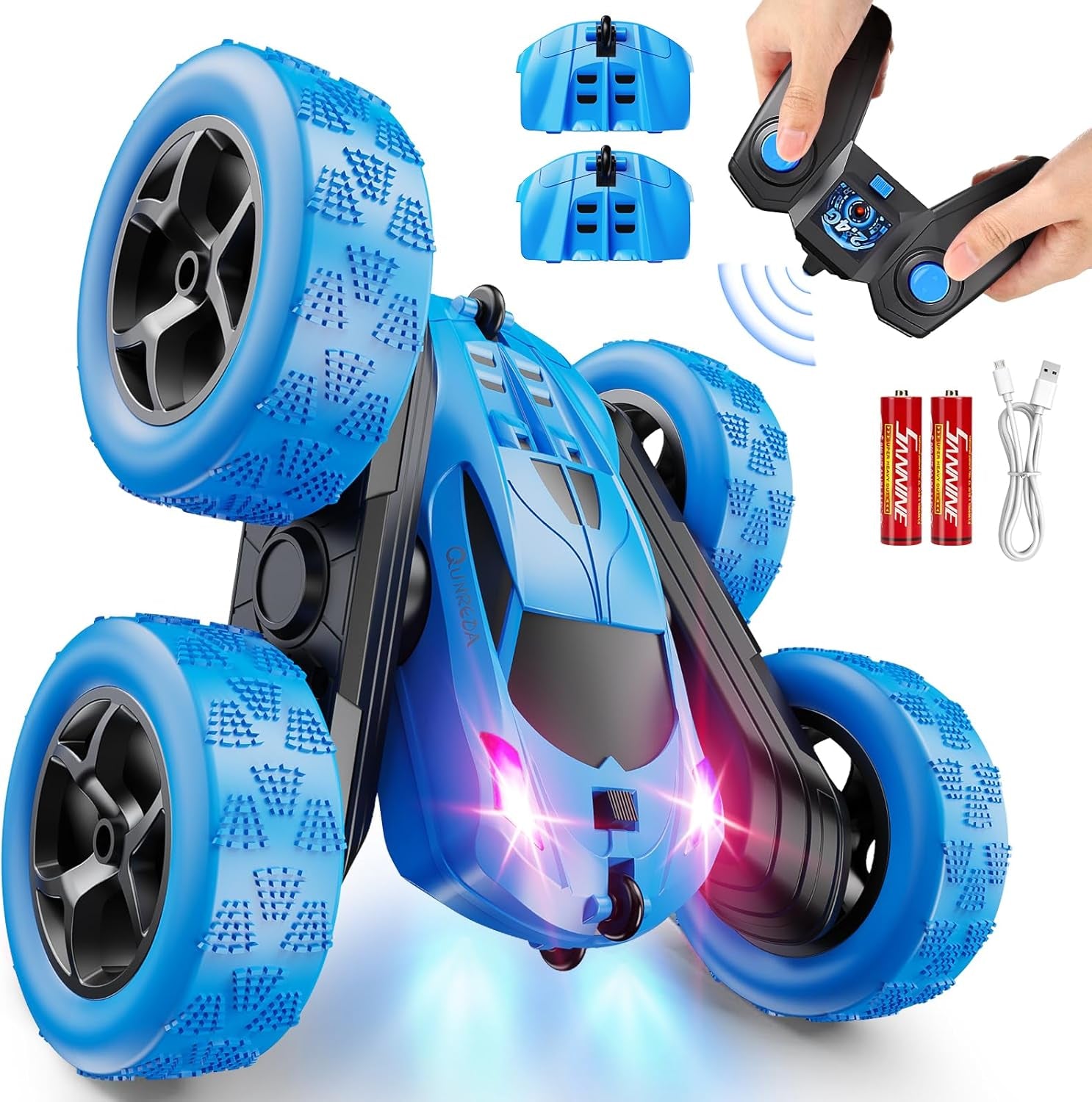 Remote Control Car, RC Cars Toys for Kids Ages 6-12, 4WD Stunt Car with LED Lights & 360° Flips, 2.4Ghz, Upgraded USB-C Modular Batteries, 8-10 Year Old Boys Birthday Gift 1-Blue