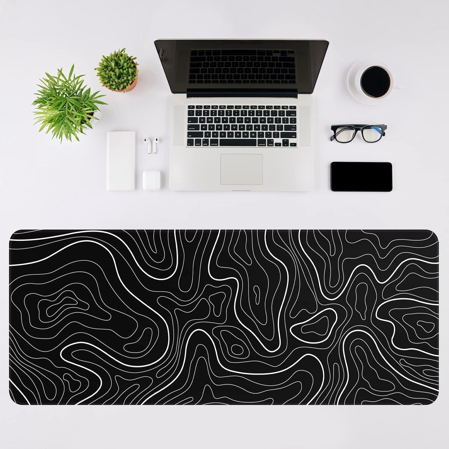 Mouse Pad Gaming Mousepad 31.5 X 11.8In Large Mouse Pad for Keyboard and Mouse with Anti-Slip Rubber Base, Keyboard Pad XL Mouse Mat for Home and Office（Black with White Topographic Line）