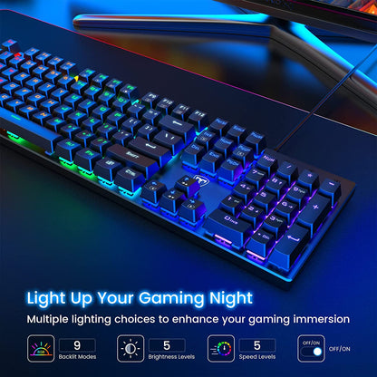 Mechanical Gaming Keyboard, RGB 104 Keys Ultra-Slim LED Backlit USB Wired Keyboard with Blue Switch, Durable Abs Keycaps/Anti-Ghosting/Spill-Resistant Computer Keyboard for PC Mac Xbox Gamer