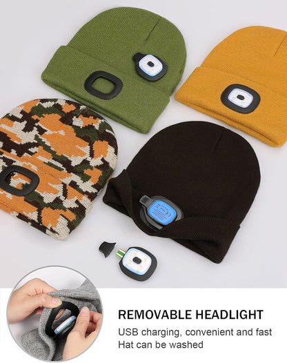 LED Beanie with the Light, Unisex USB Rechargeable Headlamp Winter Knitted Cap Gifts for Men Dad Husband Him