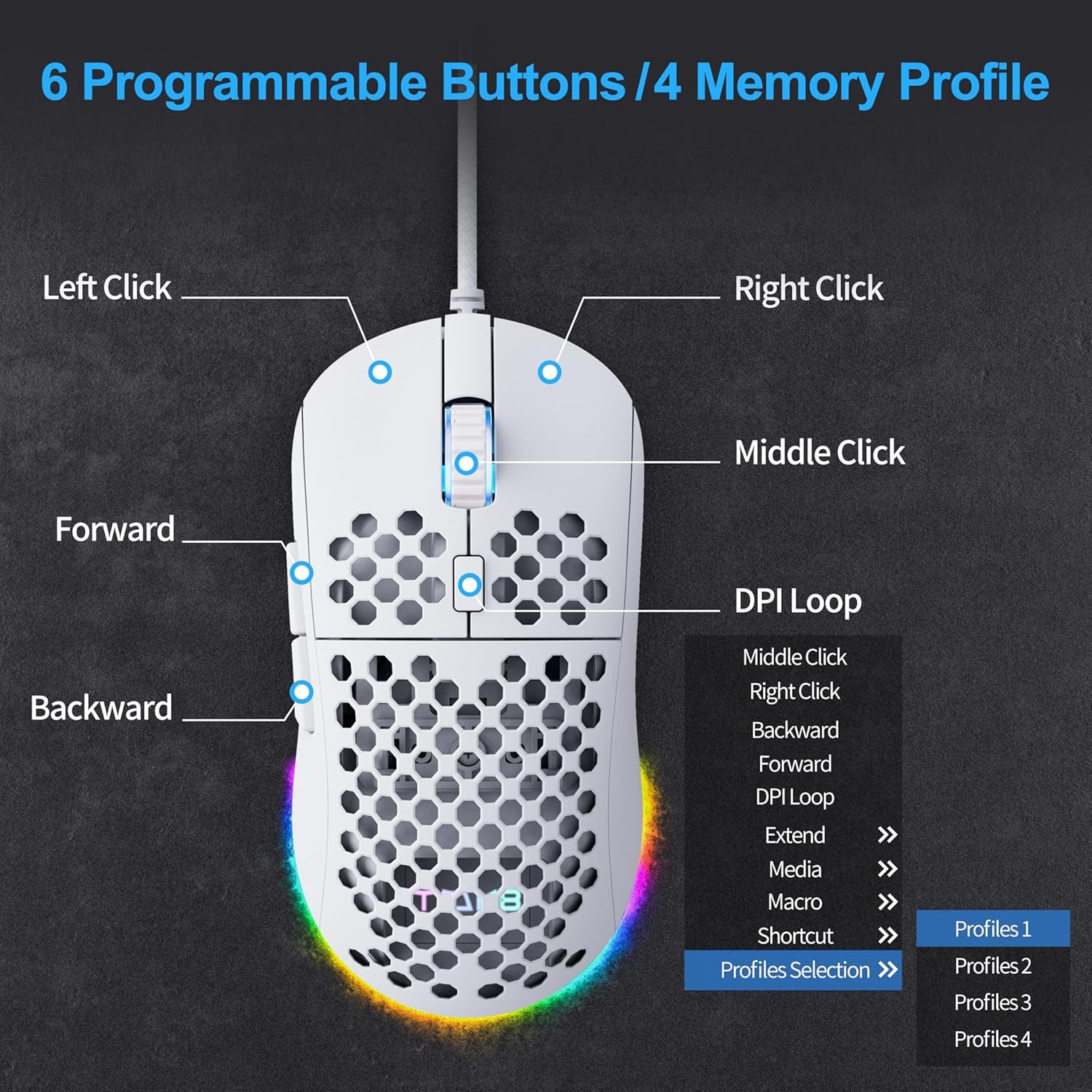 TMKB Falcon M1SE Ultralight Honeycomb Gaming Mouse, High-Precision 12800DPI Optical Sensor, 6 Programmable Buttons, Customizable RGB, Drag-Free Paracord, Ergonomic, Wired - Matte White