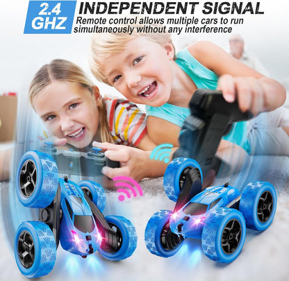 Remote Control Car, RC Cars Toys for Kids Ages 6-12, 4WD Stunt Car with LED Lights & 360° Flips, 2.4Ghz, Upgraded USB-C Modular Batteries, 8-10 Year Old Boys Birthday Gift 1-Blue