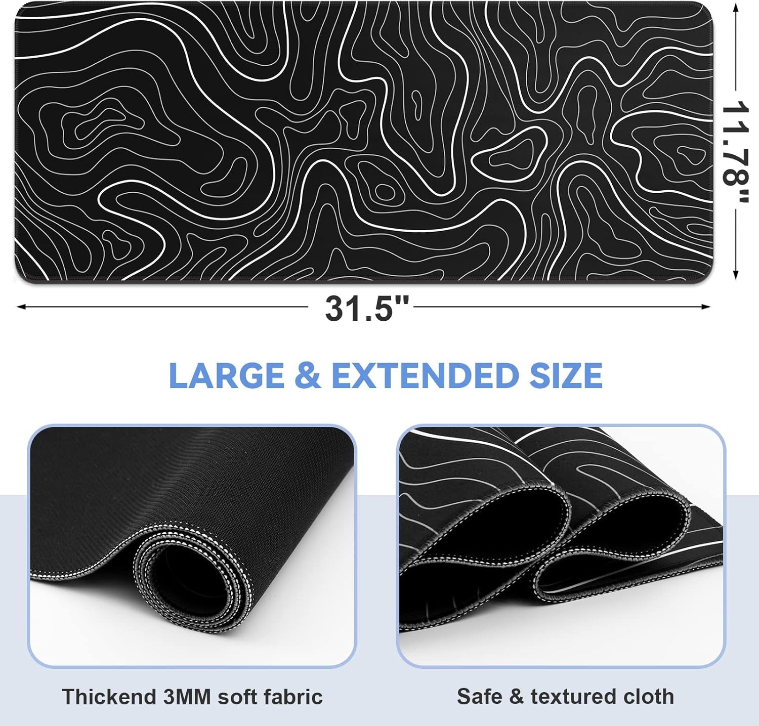 Mouse Pad Gaming Mousepad 31.5 X 11.8In Large Mouse Pad for Keyboard and Mouse with Anti-Slip Rubber Base, Keyboard Pad XL Mouse Mat for Home and Office（Black with White Topographic Line）