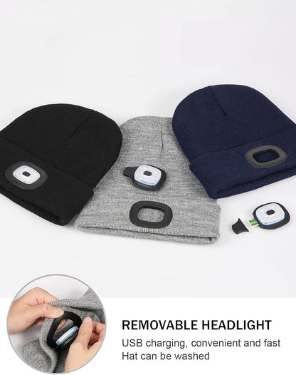 LED Beanie with the Light, Unisex USB Rechargeable Headlamp Winter Knitted Cap Gifts for Men Dad Husband Him