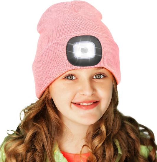 LED Beanie for Kids, Unisex Rechargeable Headlamp Hat Winter Night Lighted Cap, Gifts for Kids Boys Girls