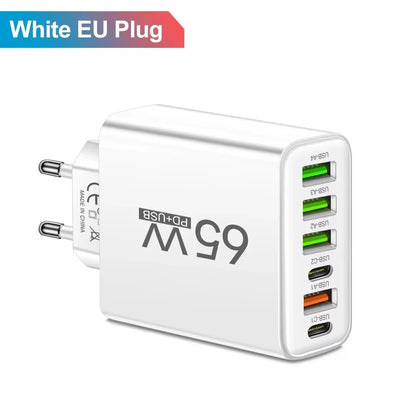 65W USB C Charger PD Fast Charging Mobile Cell Phone Type C Multiple 6 Ports Wall Adapter for Iphone 15 16 Xiaomi Huawei Samsung