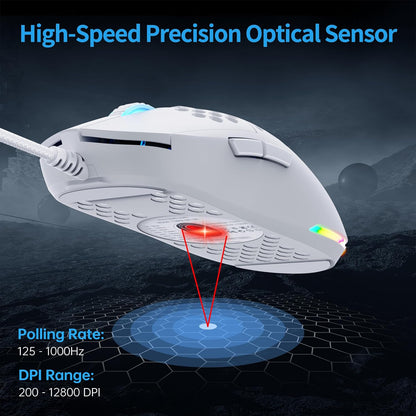 TMKB Falcon M1SE Ultralight Honeycomb Gaming Mouse, High-Precision 12800DPI Optical Sensor, 6 Programmable Buttons, Customizable RGB, Drag-Free Paracord, Ergonomic, Wired - Matte White