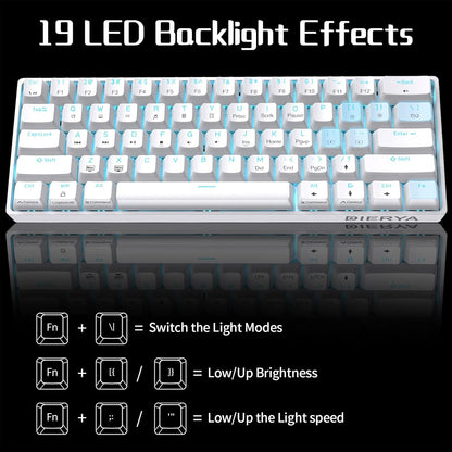 60% Mechanical Keyboard, Dk61Se Wired Gaming Keyboard with Red Switches, LED Backlit Ultra-Compact 61 Keys Mini Office Keyboard for Windows Laptop PC Gamer Typist（White）